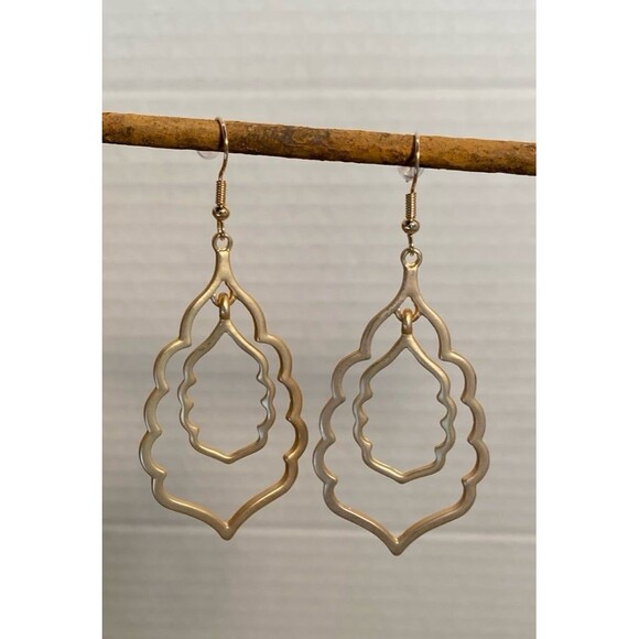 Gold Toned Double Drop Earrings Open Frame Lightweight Casual or Formal - Picture 4 of 8